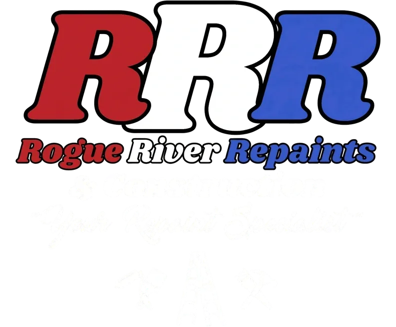 Rogue River Repaints & Construction LLC logo: RRR in red, white and blue above a paint roller and brush, a ladder, and a hammer and saw