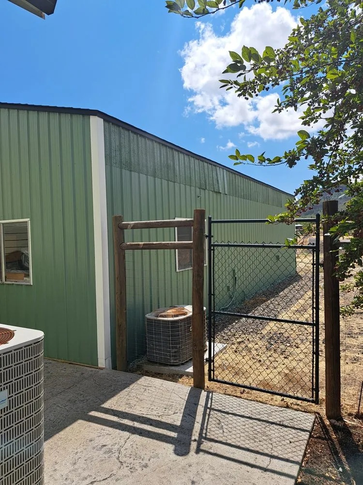 A green metal outbuilding with white trim, freshly painted